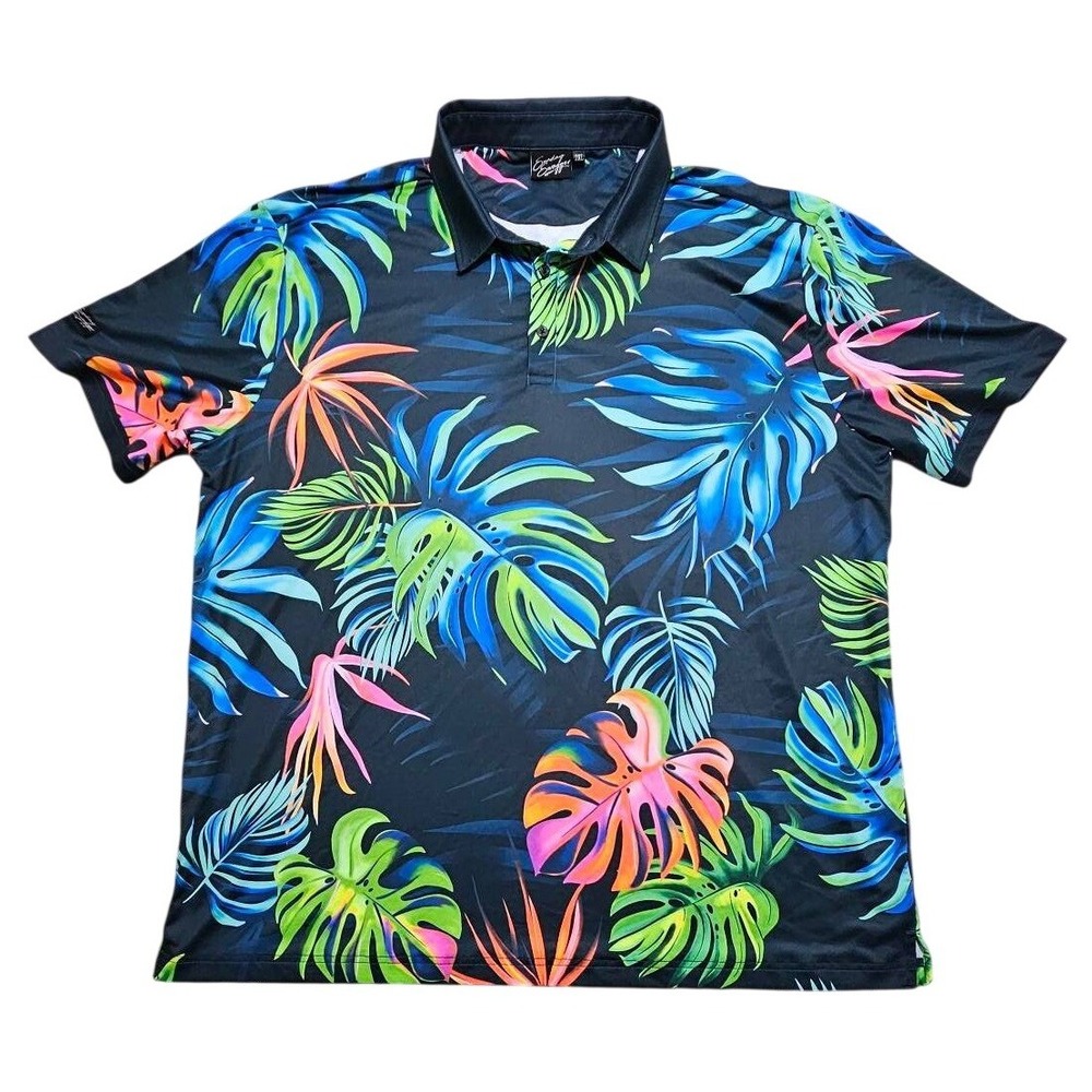 Sunday Swagger Mens 2XL Golf Polo‎ Shirt Neon Tropical Floral Monstera Navy Blue
